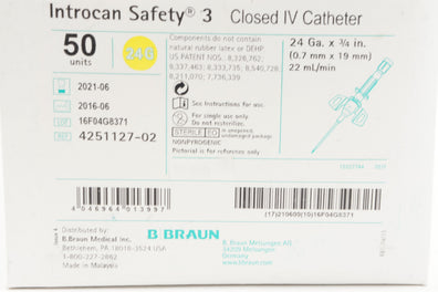 Braun 4251127-02 Introcan Safety 3 Closed IV Cath. 24G x 3/4inch - Box of 50 (x)